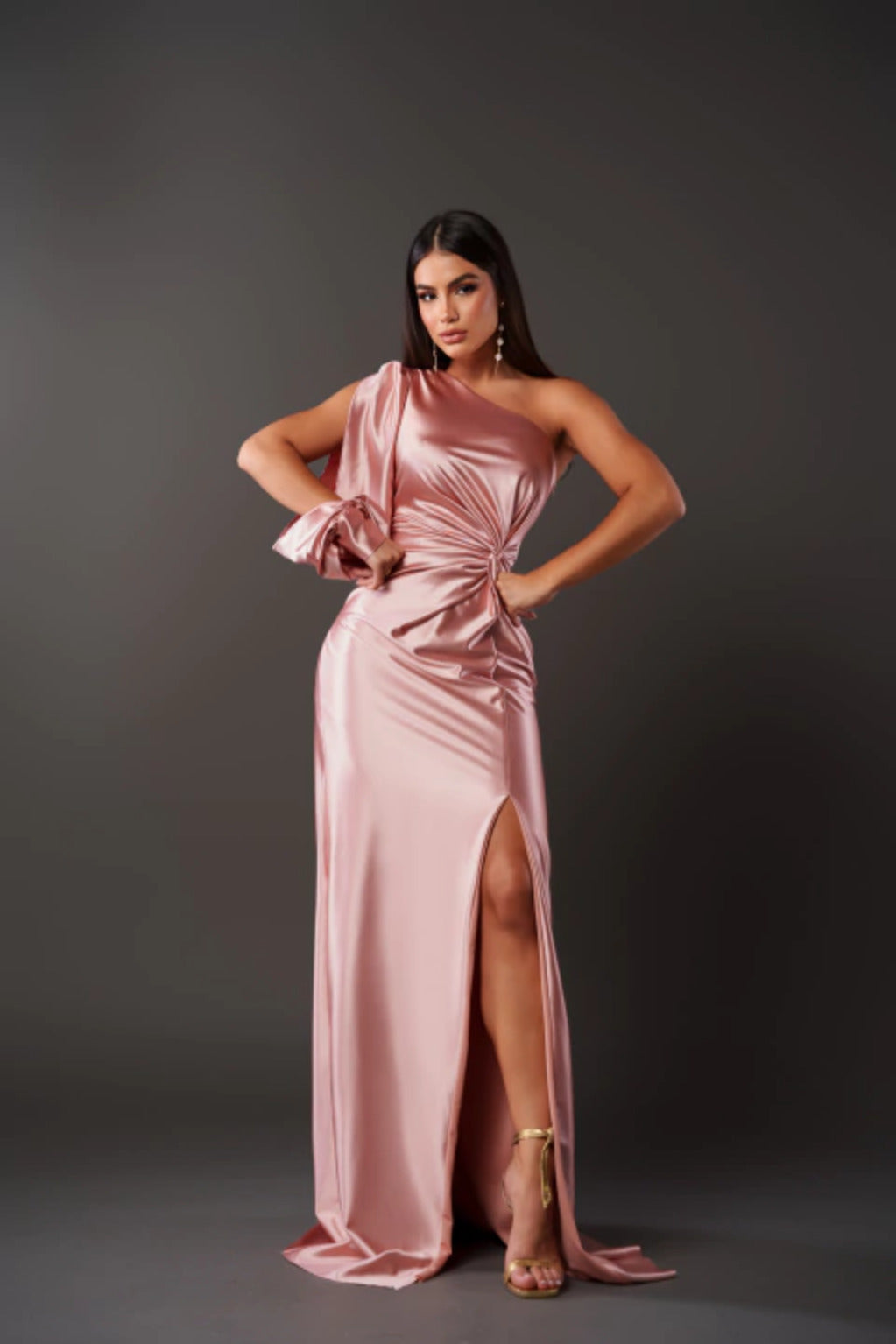 Satin One Shoulder Draped Bishop Sleeve Twist Waist Midi Dress - View 15