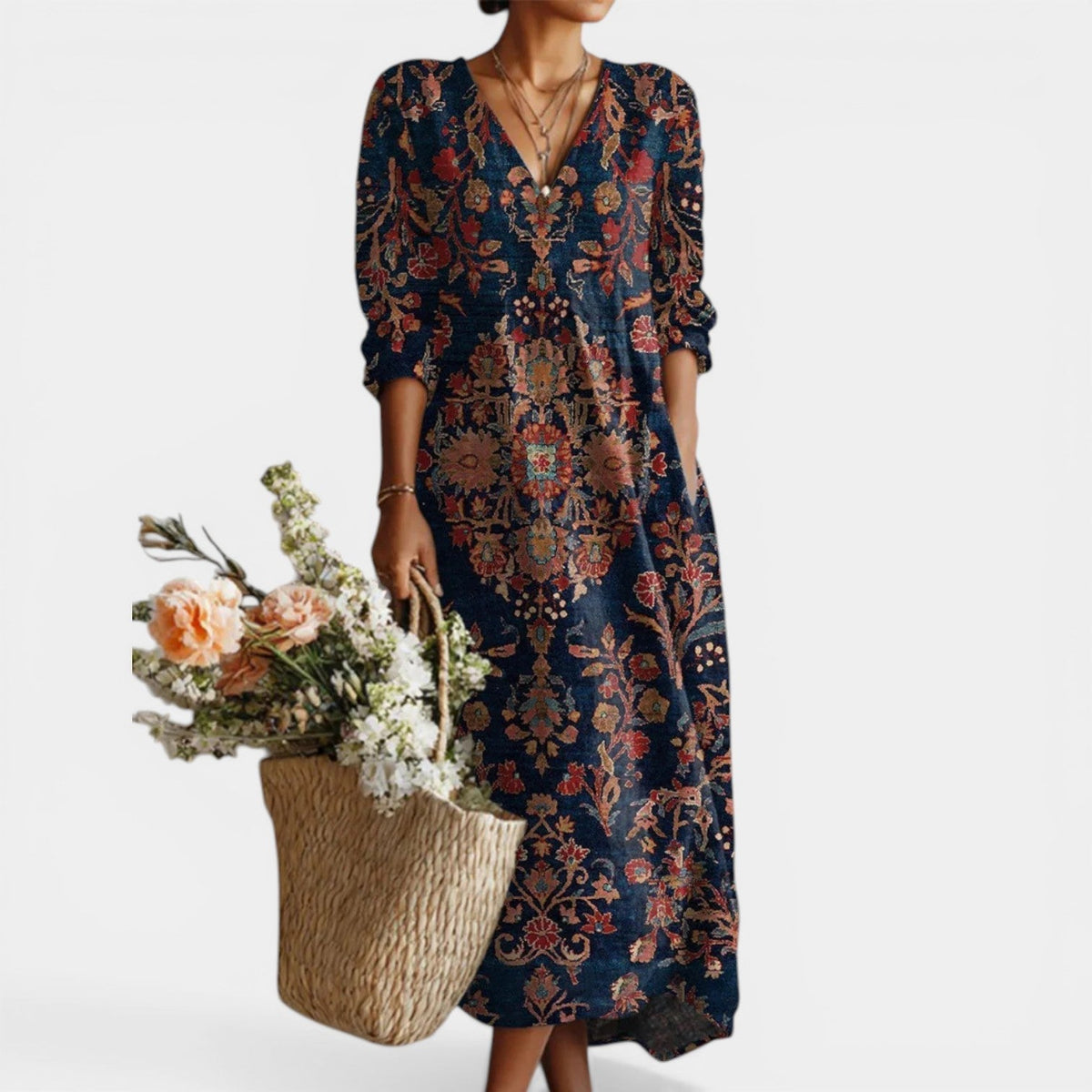 Baroque Floral V-Neck Long Sleeve Maxi Dress