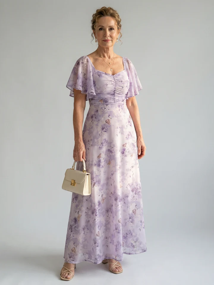 Floral Flutter Sleeve Square Neck Maxi Dress 2