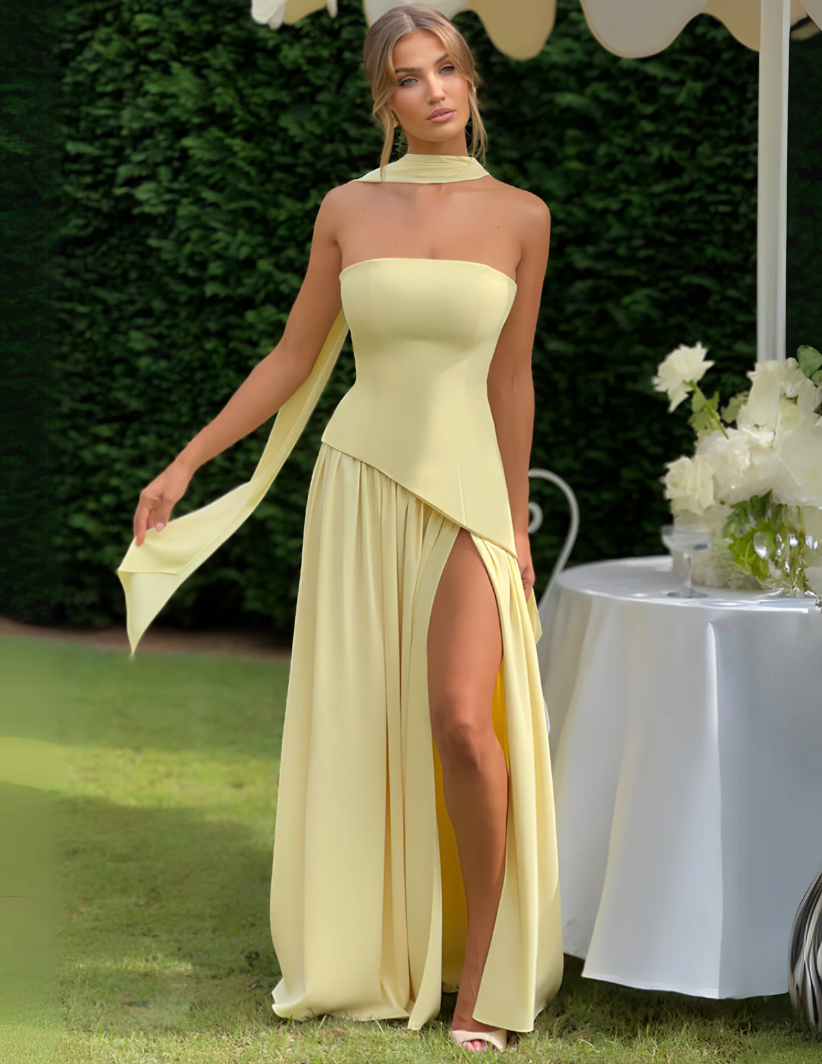 Strapless Scarf Neck Pleated Peplum Maxi Dress 48