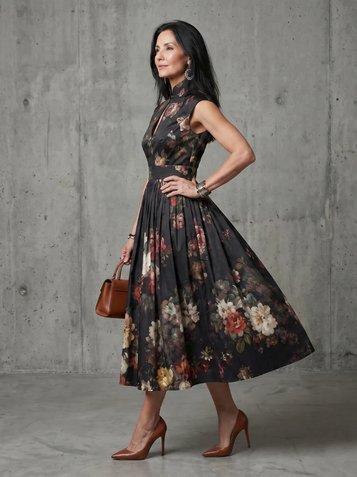 Floral High Neck Keyhole Cap Sleeve Midi Dress 2