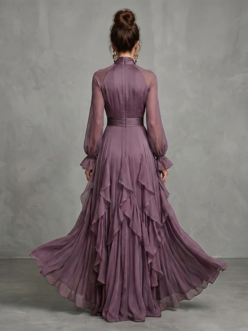 Tie Neck Long Sleeve Tiered Ruffle Chiffon Maxi Dress 3