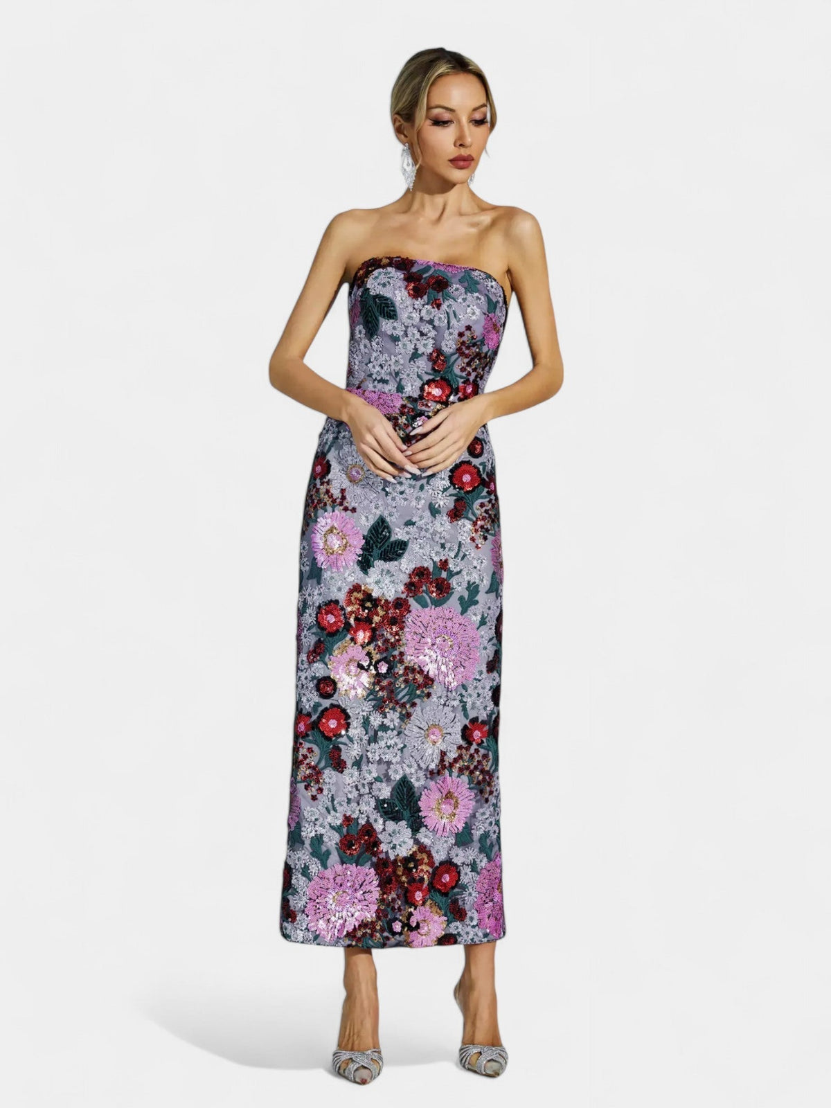 Strapless Floral Sequin Sheer Hem Maxi Dress 3