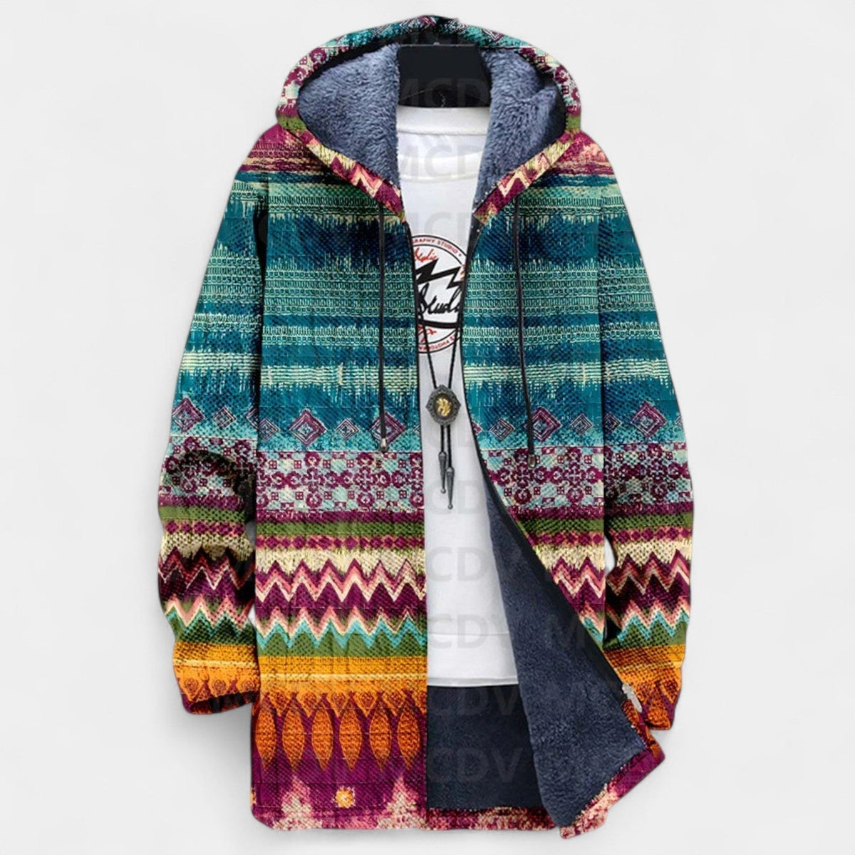 Aztec Print Hooded Fleece Lined Longline Cardigan Jacket