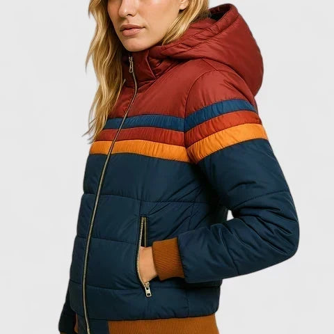 Retro Stripe Zip Front Stand Collar Puffer Jacket 4