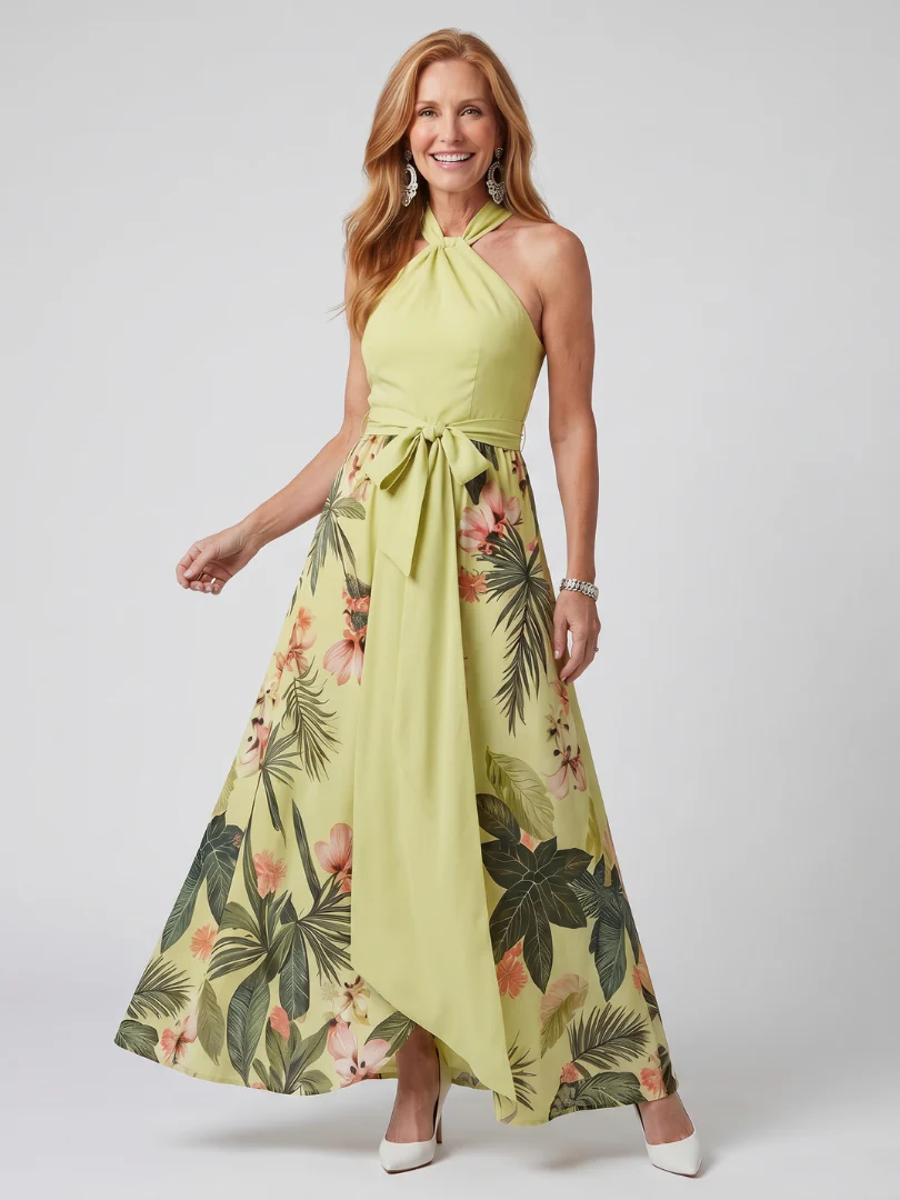 Halter Neck Botanical Print Belted Maxi Dress 6
