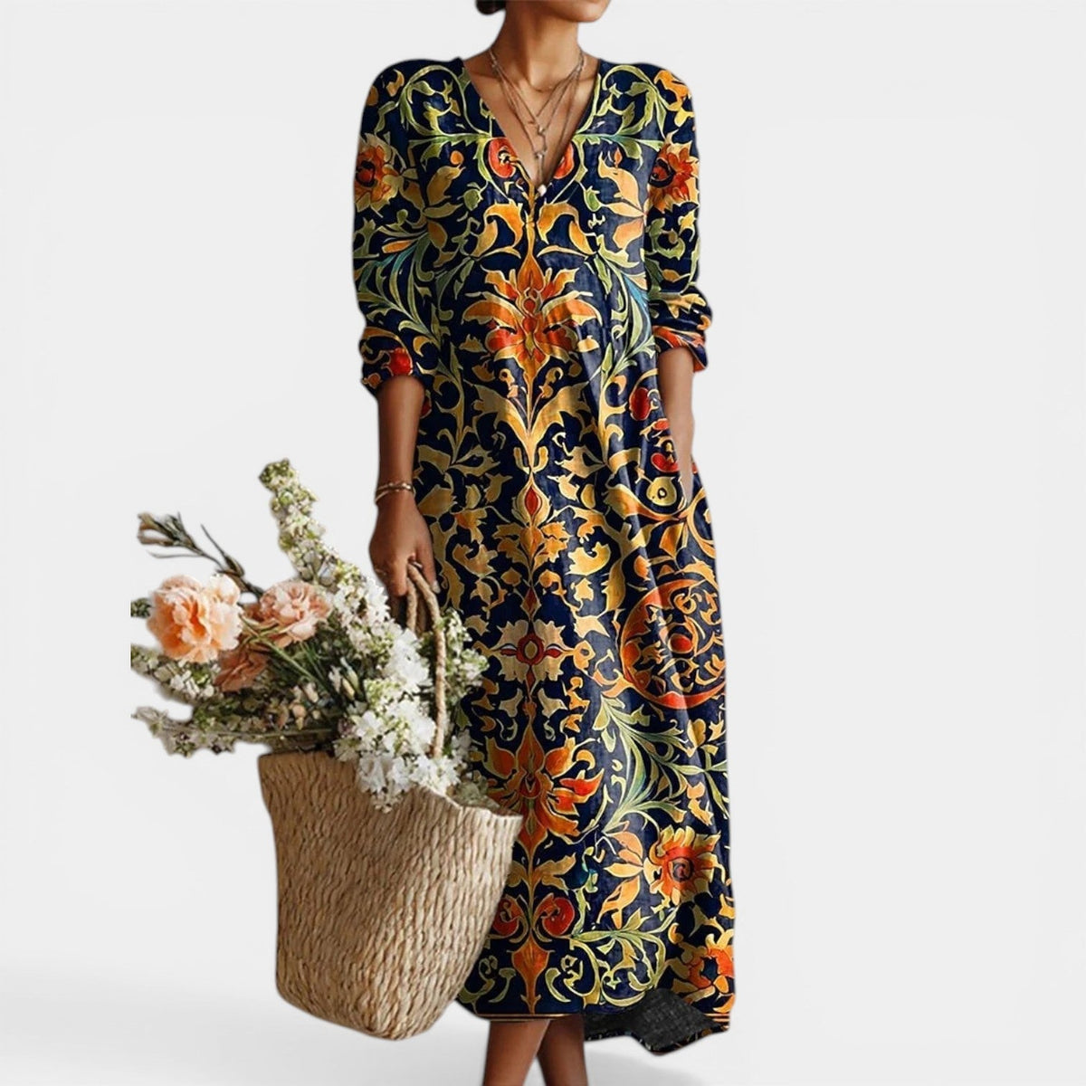 Ornate Floral V-Neck Long Sleeve Midi Dress