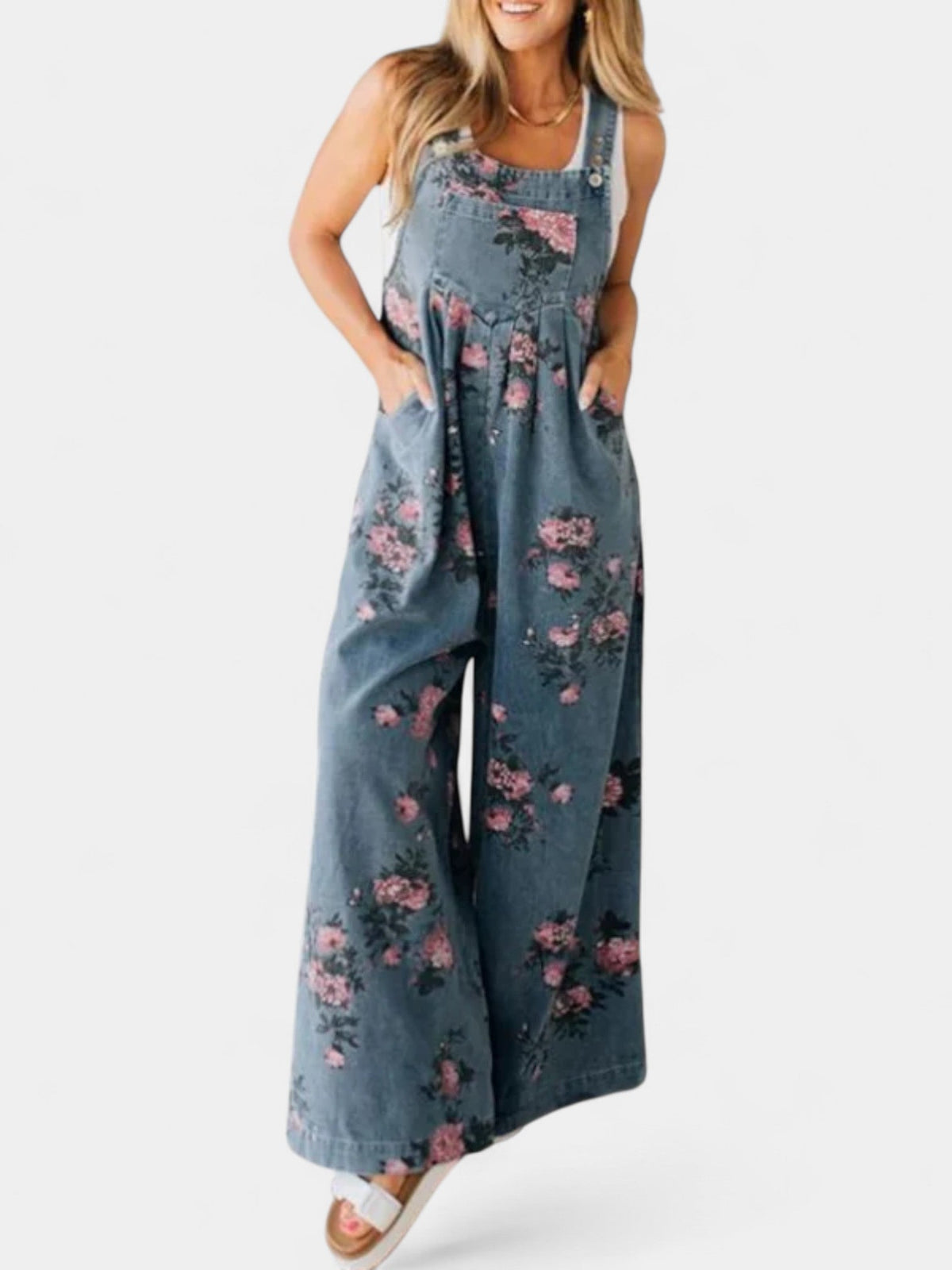Floral Print Wide Leg Denim Overalls