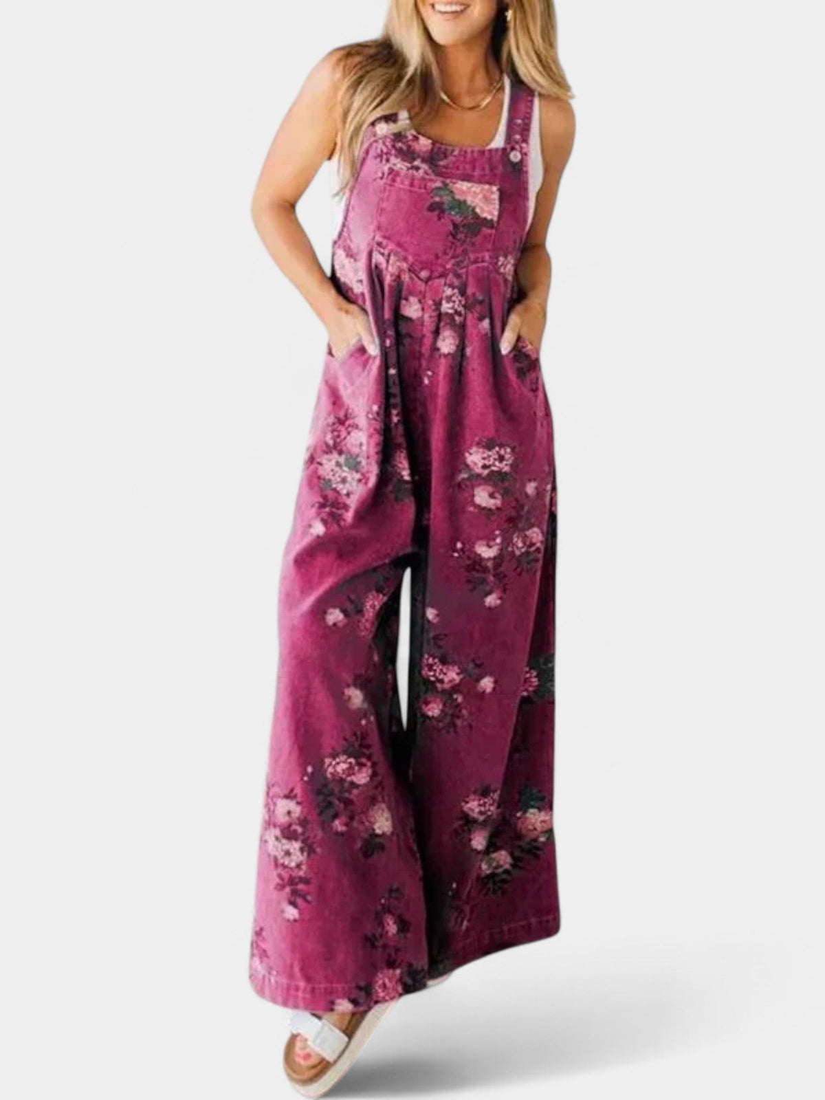 Floral Print Wide Leg Denim Overalls 5