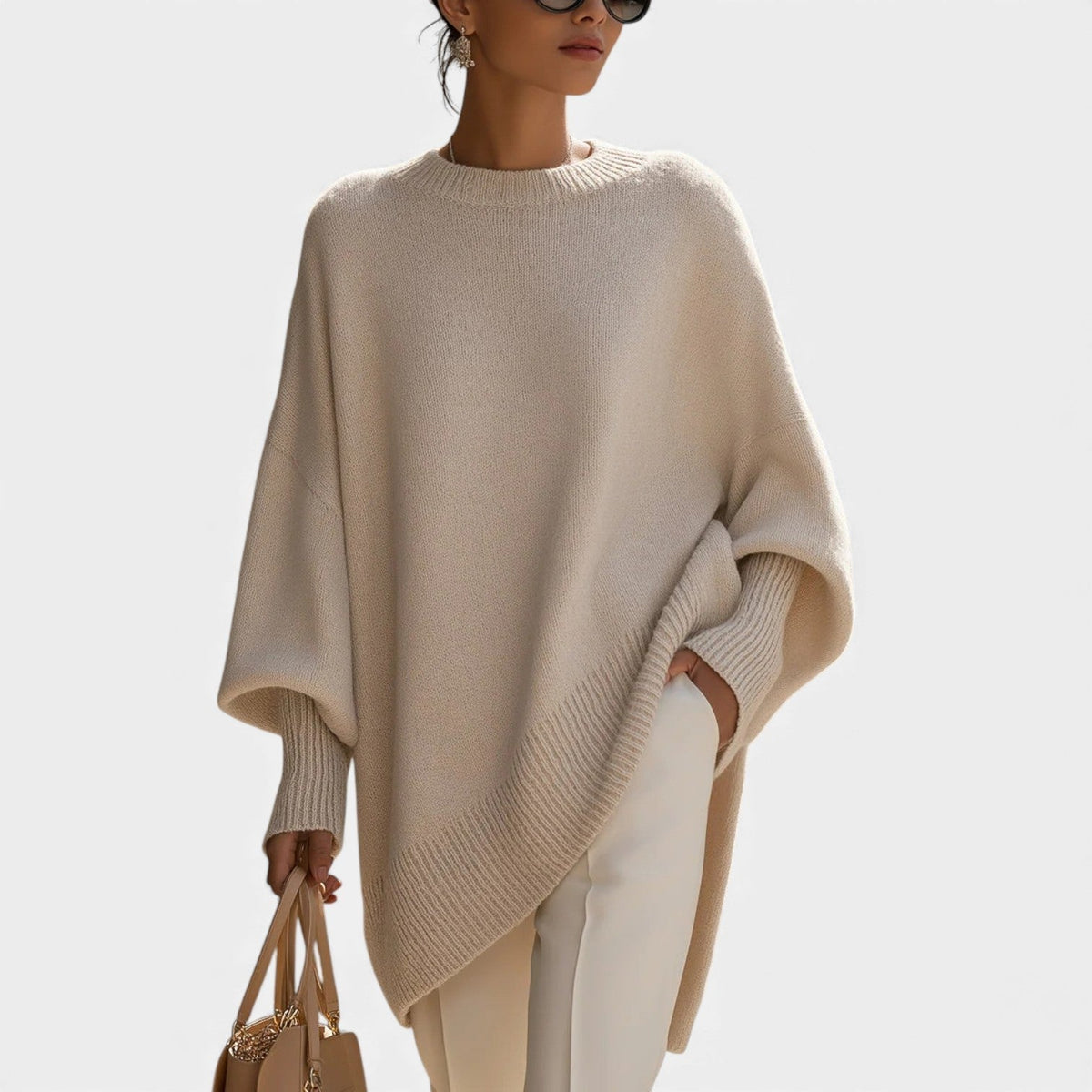 Mock Neck Batwing Sleeve Asymmetric Oversized Knit Sweater