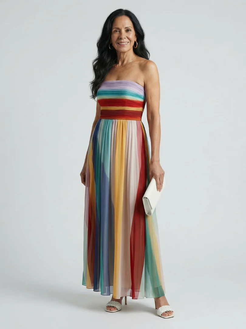 Striped Strapless Gathered Chiffon Maxi Dress 2