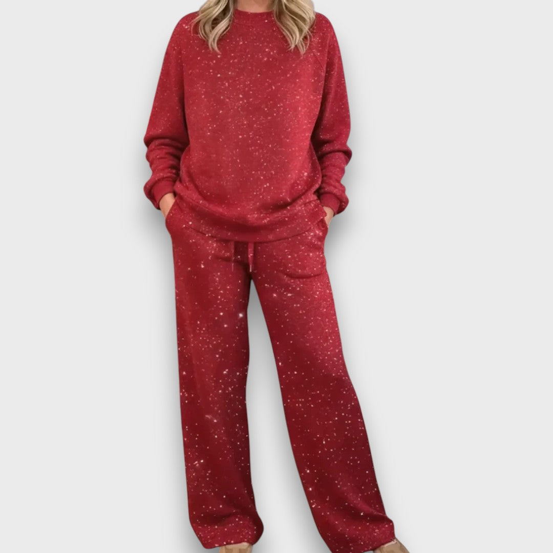 Glitter Crew Neck Long Sleeve Top and Wide Leg Pants Two Piece Set 2