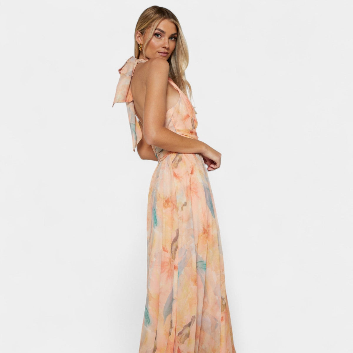 Floral Halter Neck Backless Flowy A-Line Maxi Dress 7