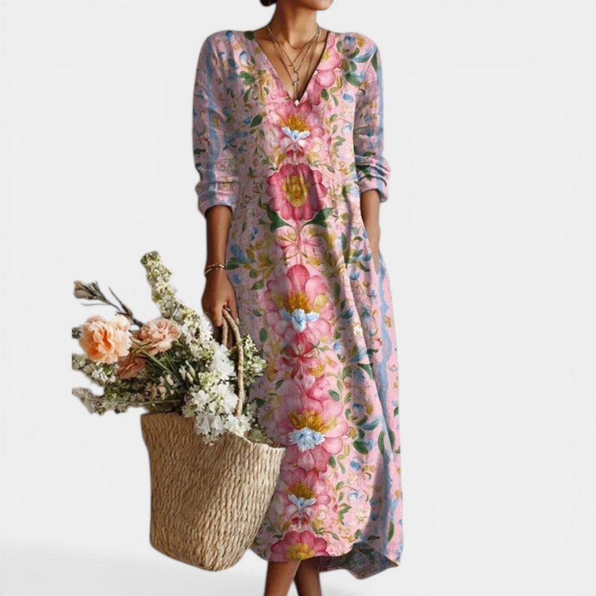 Floral Print V-Neck Long Sleeve Pocket Maxi Dress