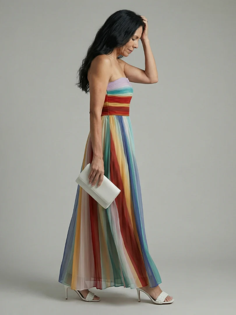 Striped Strapless Gathered Chiffon Maxi Dress 5