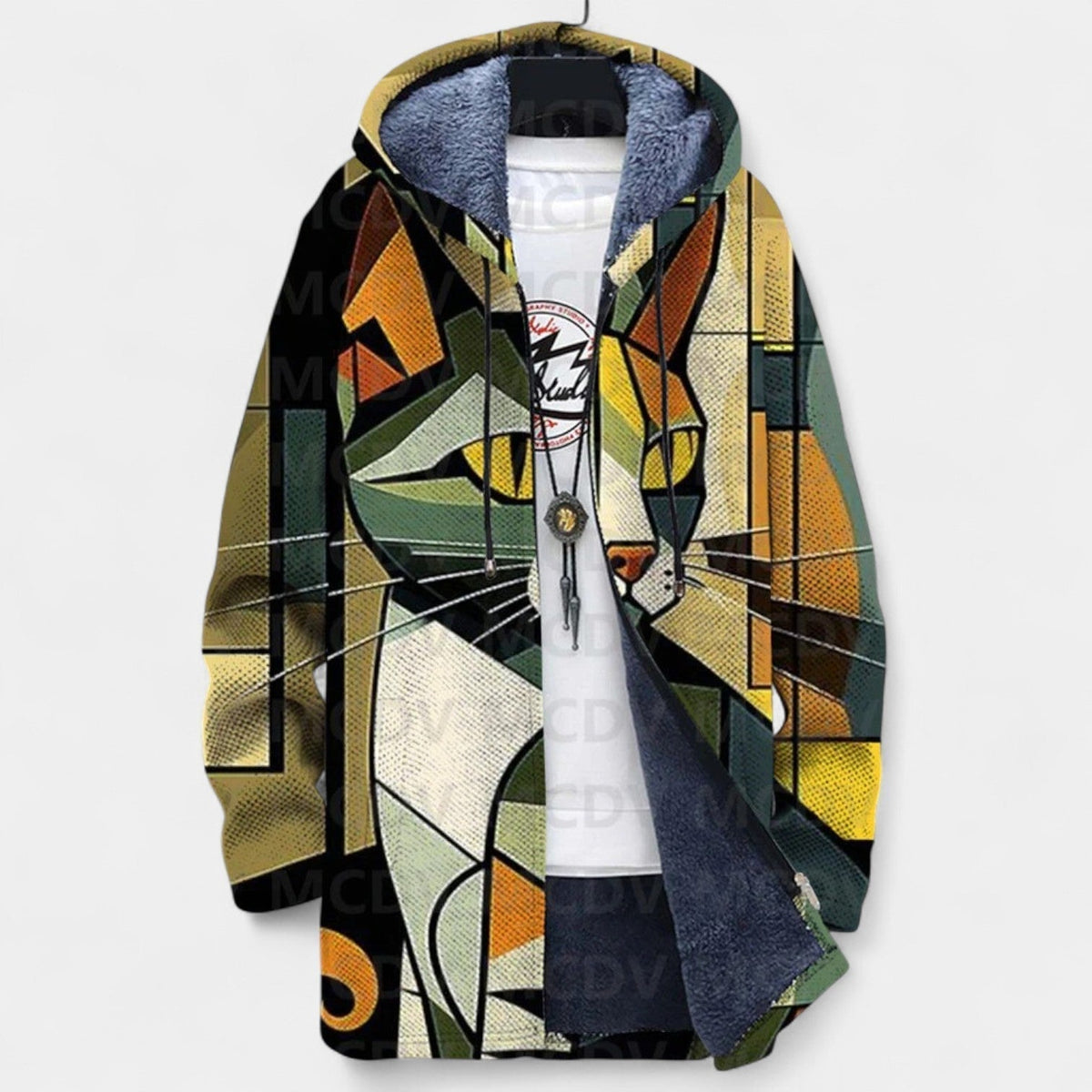 Abstract Cat Print Hooded Fleece Lined Zip Front Knit Cardigan Coat