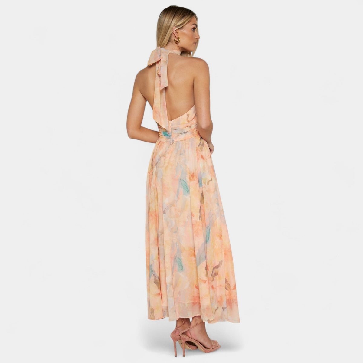 Floral Halter Neck Backless Flowy A-Line Maxi Dress 2