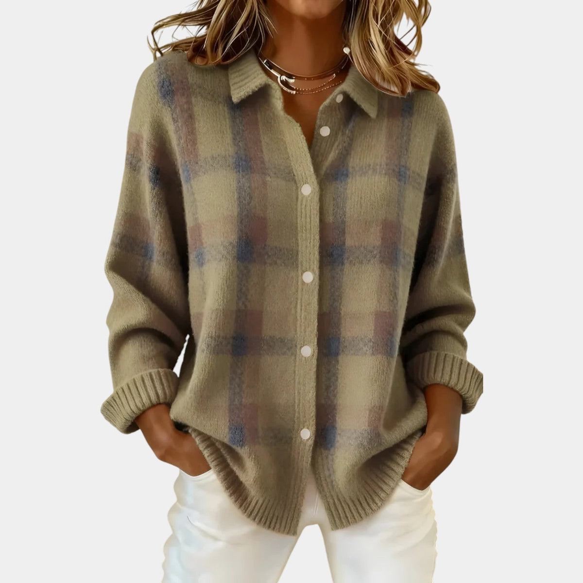 Plaid Collared Button Front Knit Cardigan 6