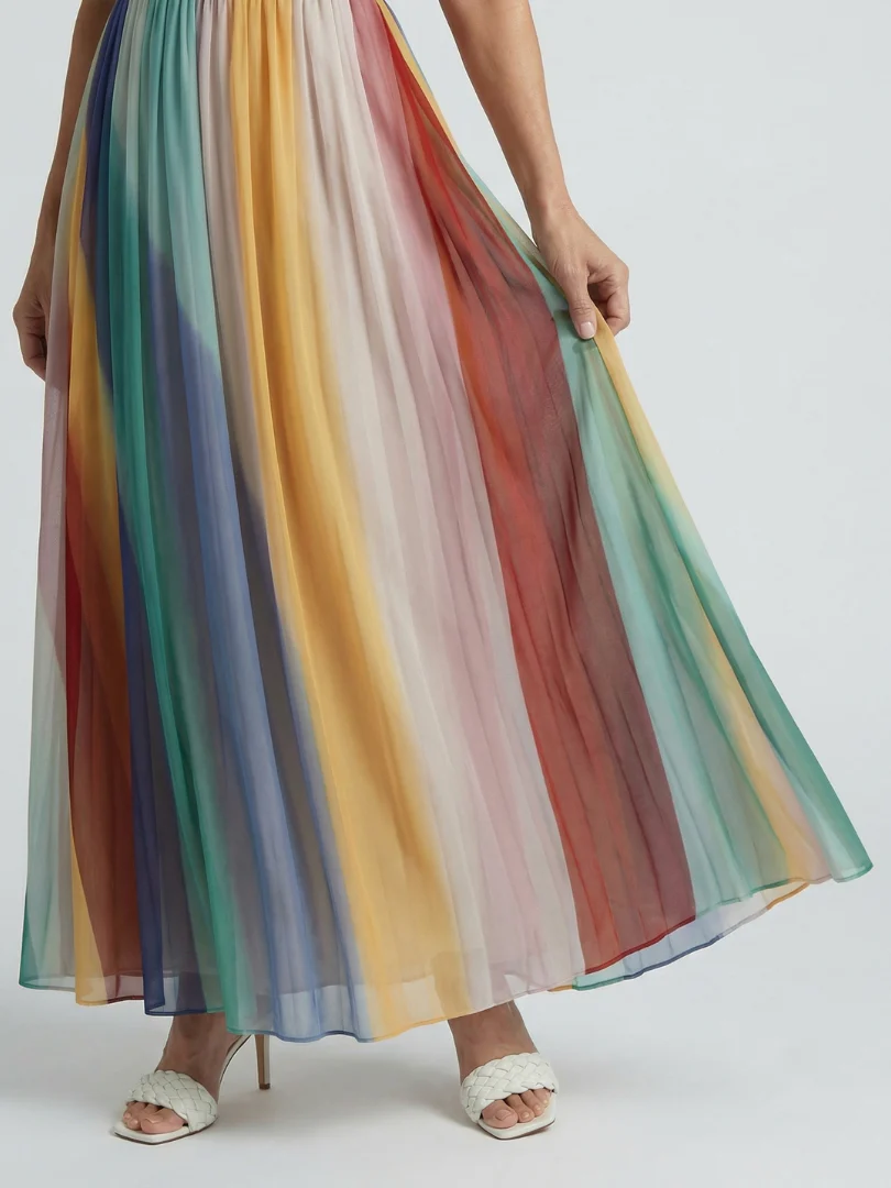 Striped Strapless Gathered Chiffon Maxi Dress 4