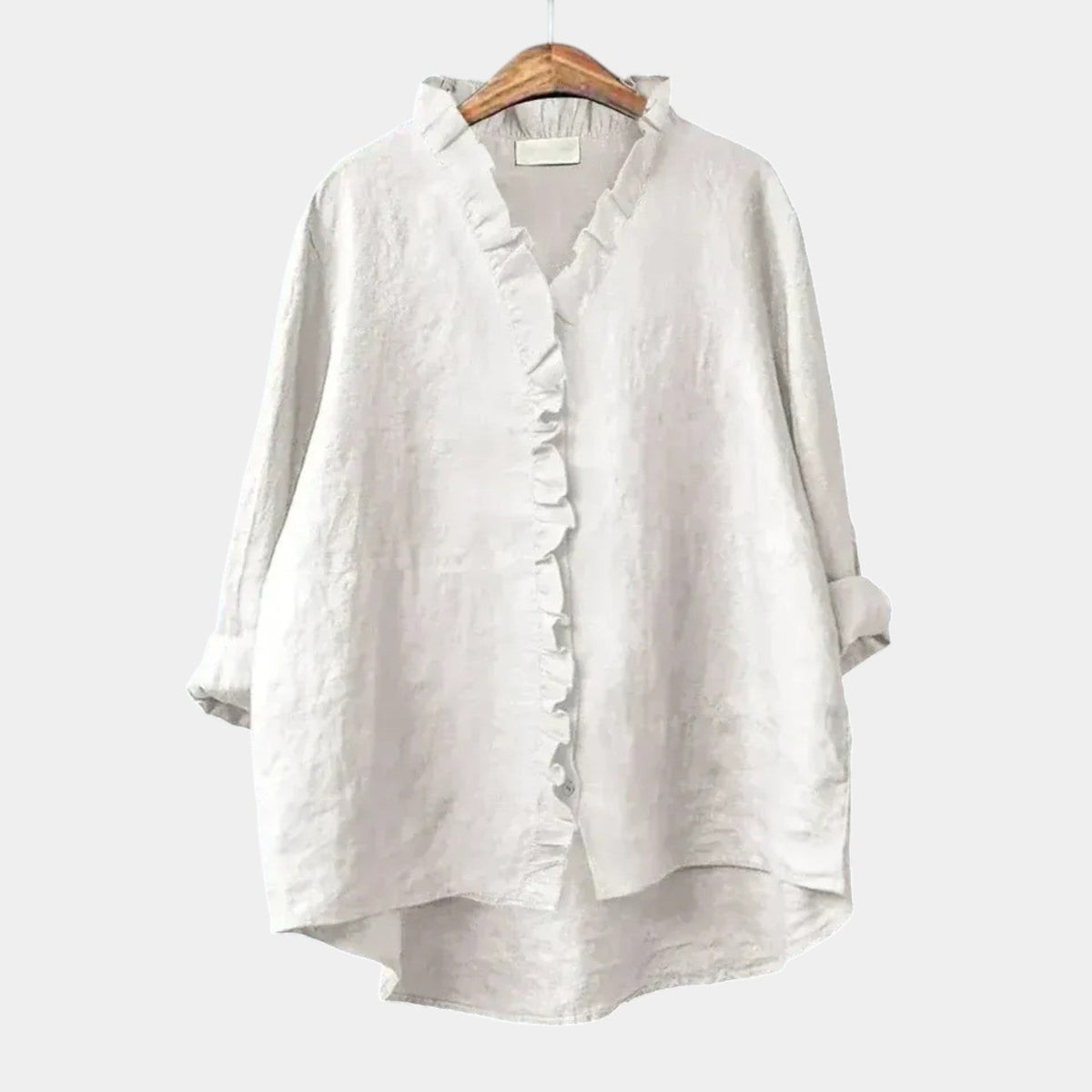 Ruffle Trim Collared Long Sleeve Linen Blouse