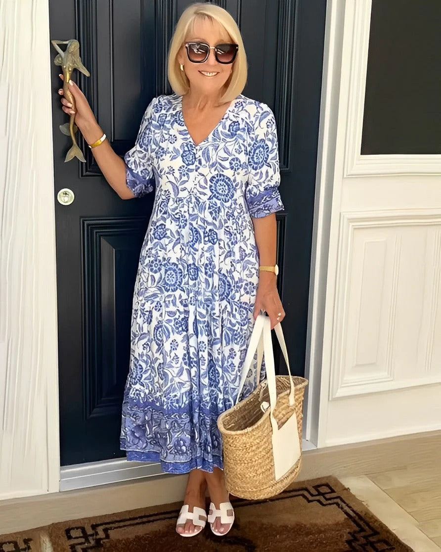 Floral Print V-Neck Short Sleeve Tiered Midi Dress