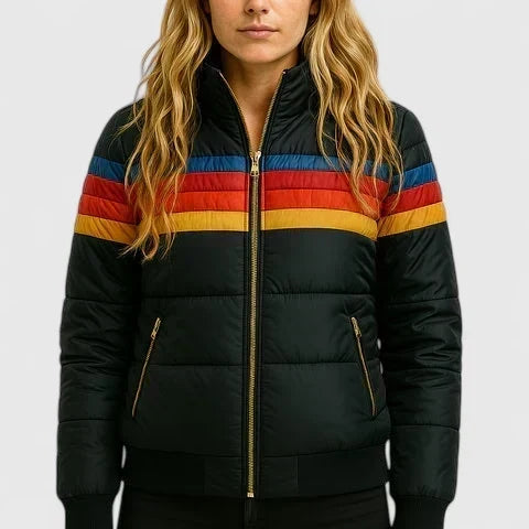 Retro Stripe Zip Front Stand Collar Puffer Jacket 5