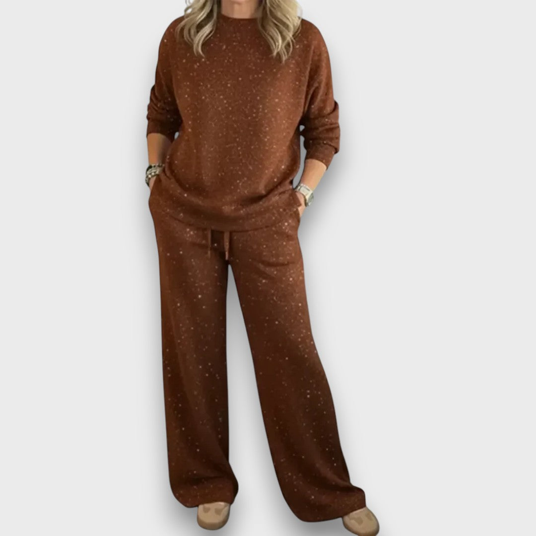 Glitter Crew Neck Long Sleeve Top and Wide Leg Pants Two Piece Set 4
