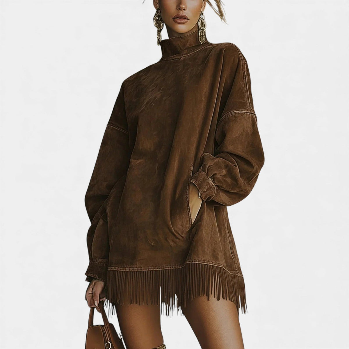 Turtleneck Long Sleeve Fringe Hem Sweatshirt Dress 2