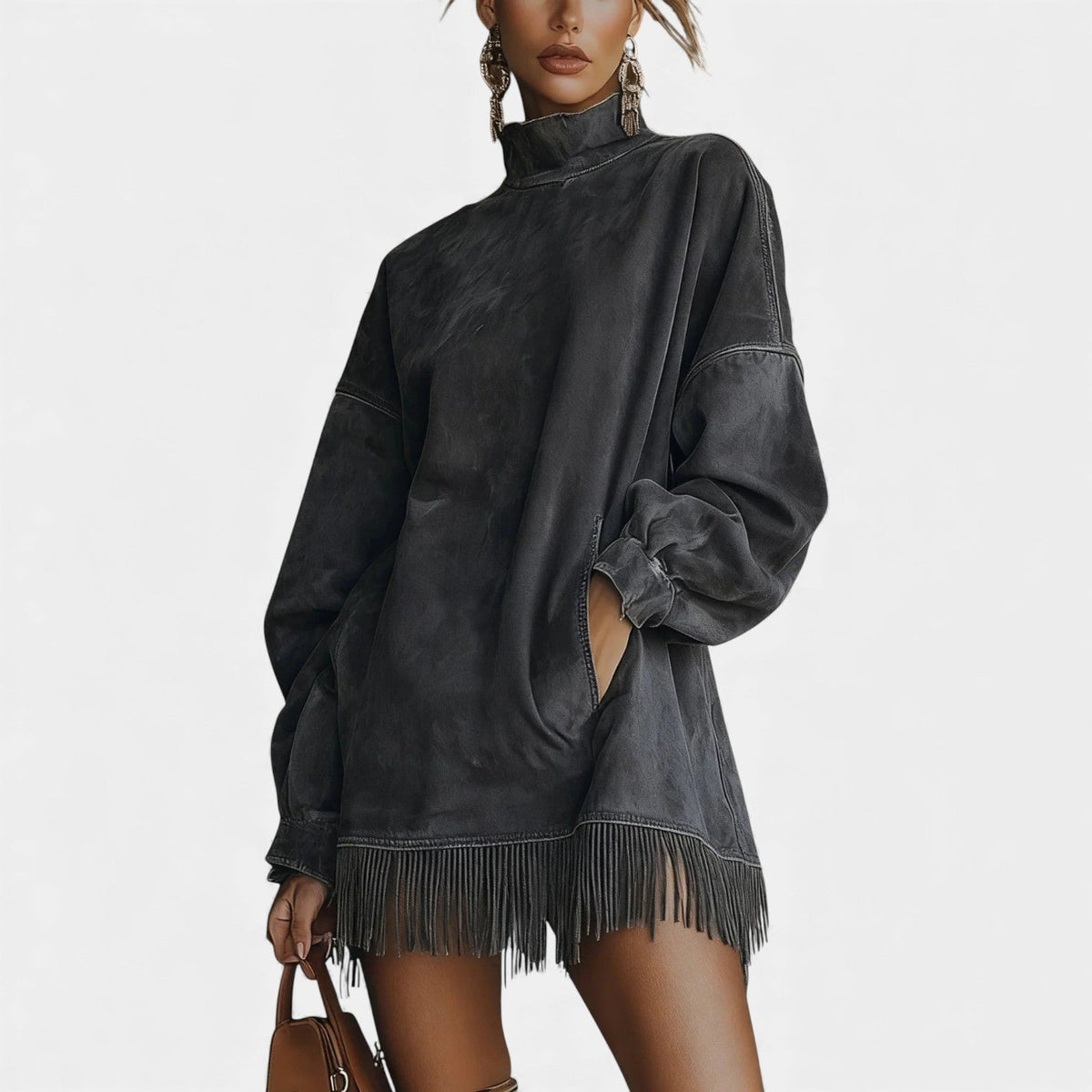 Turtleneck Long Sleeve Fringe Hem Sweatshirt Dress 3