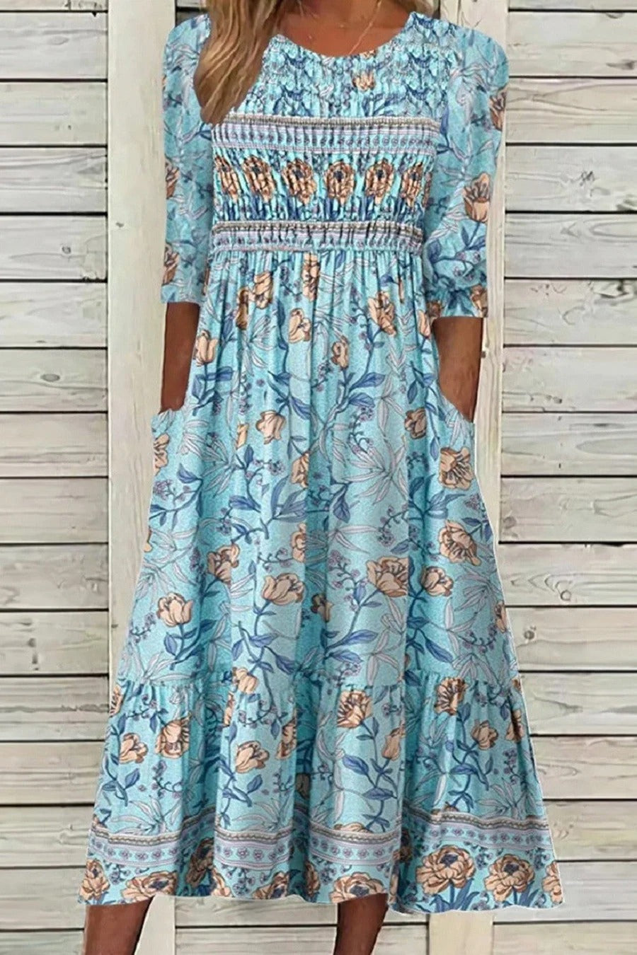 Floral Print Round Neck Smocked Bodice Tiered Maxi Dress