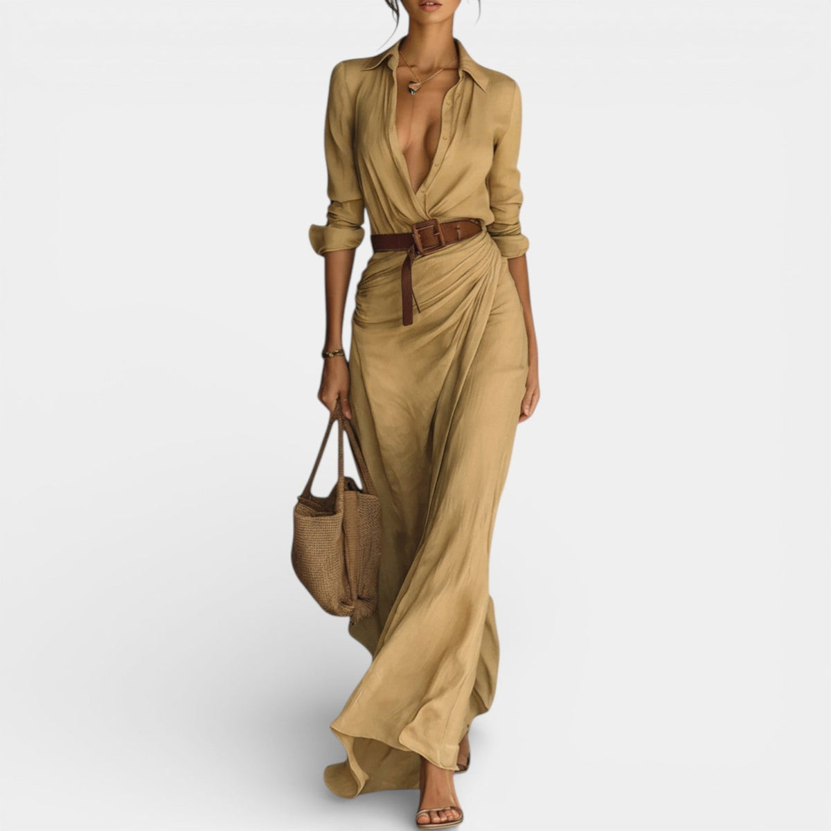Collared Long Sleeve Belted Wrap Maxi Shirt Dress 2