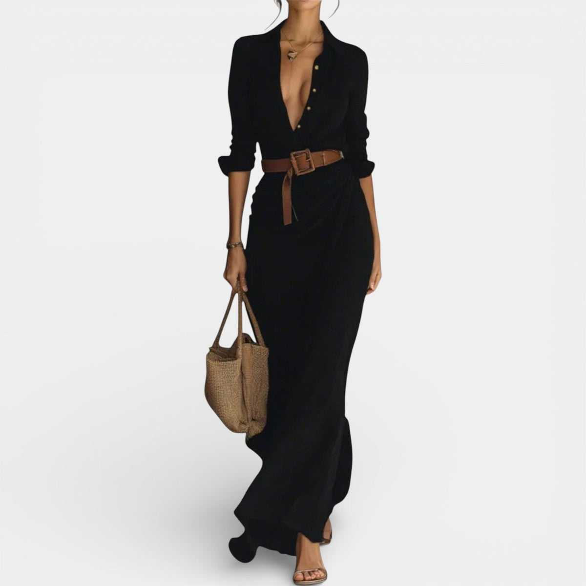 Collared Long Sleeve Belted Wrap Maxi Shirt Dress 5