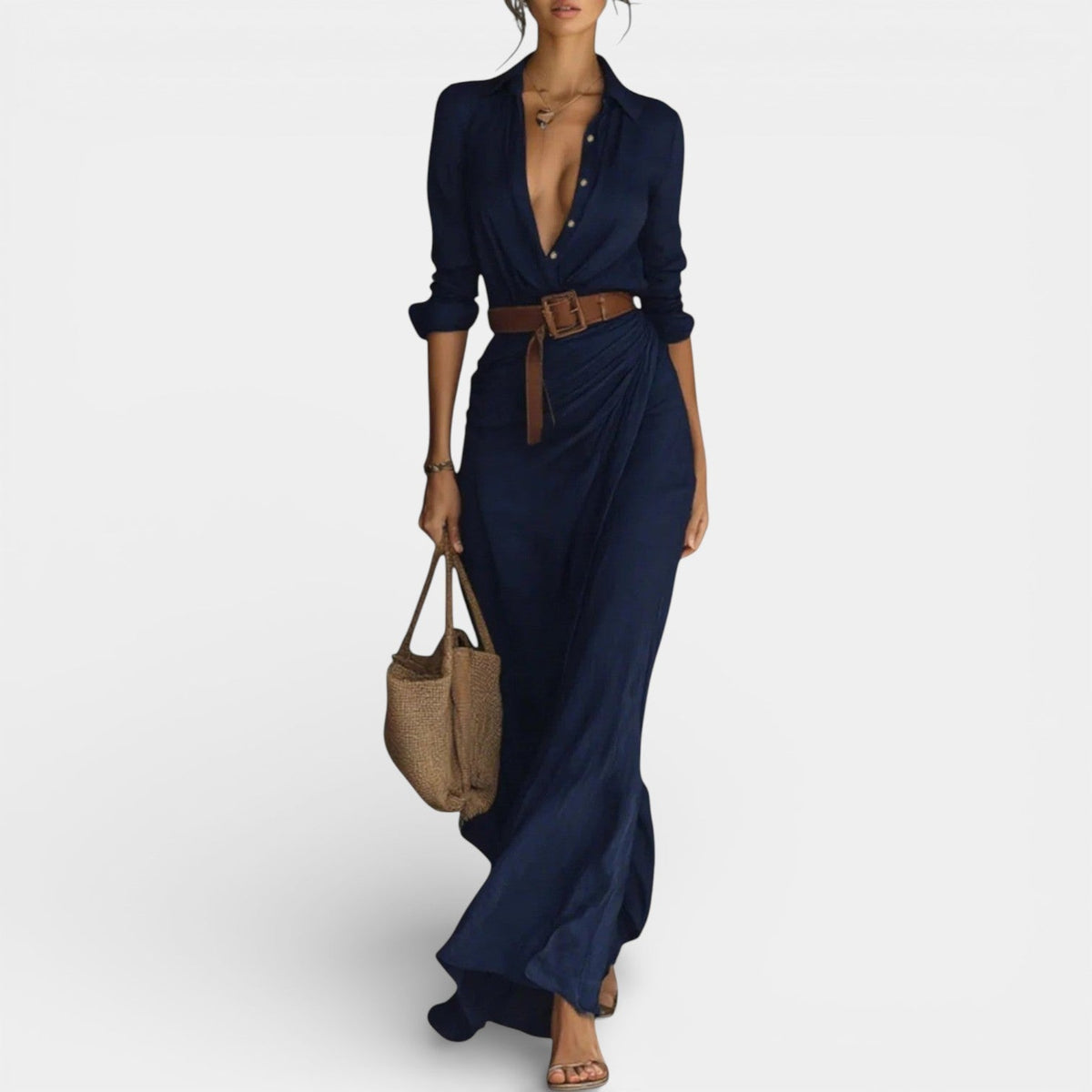 Collared Long Sleeve Belted Wrap Maxi Shirt Dress 6