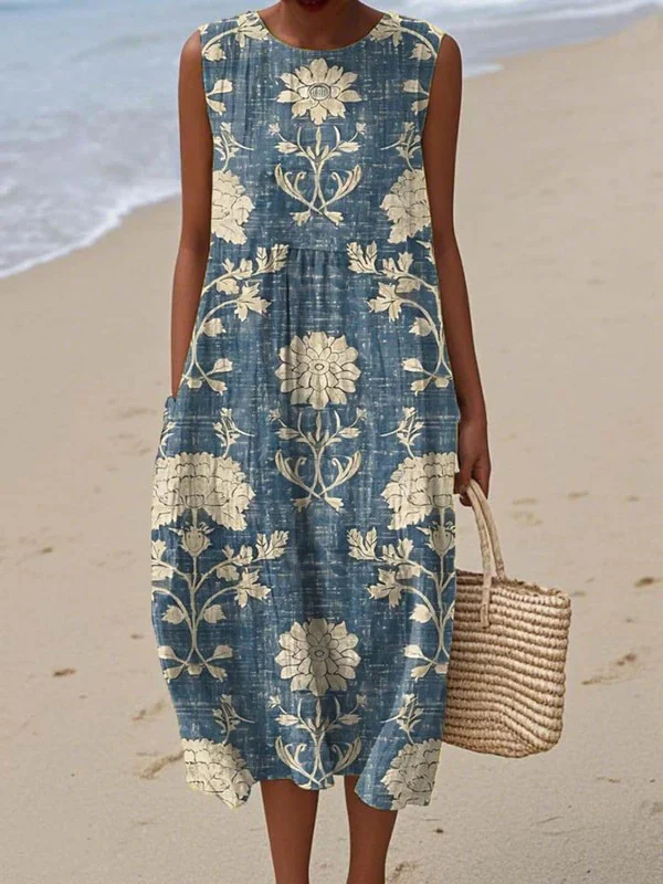 Sleeveless Round Neck Damask Floral Print Pocket Midi Dress