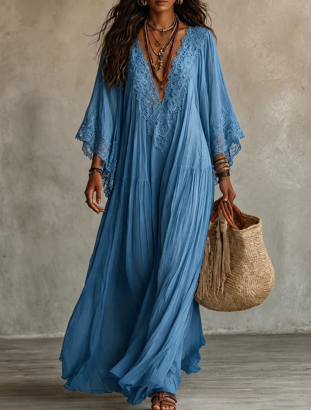 Lace Trim V-Neck Long Sleeve Boho Flowy Maxi Dress 9
