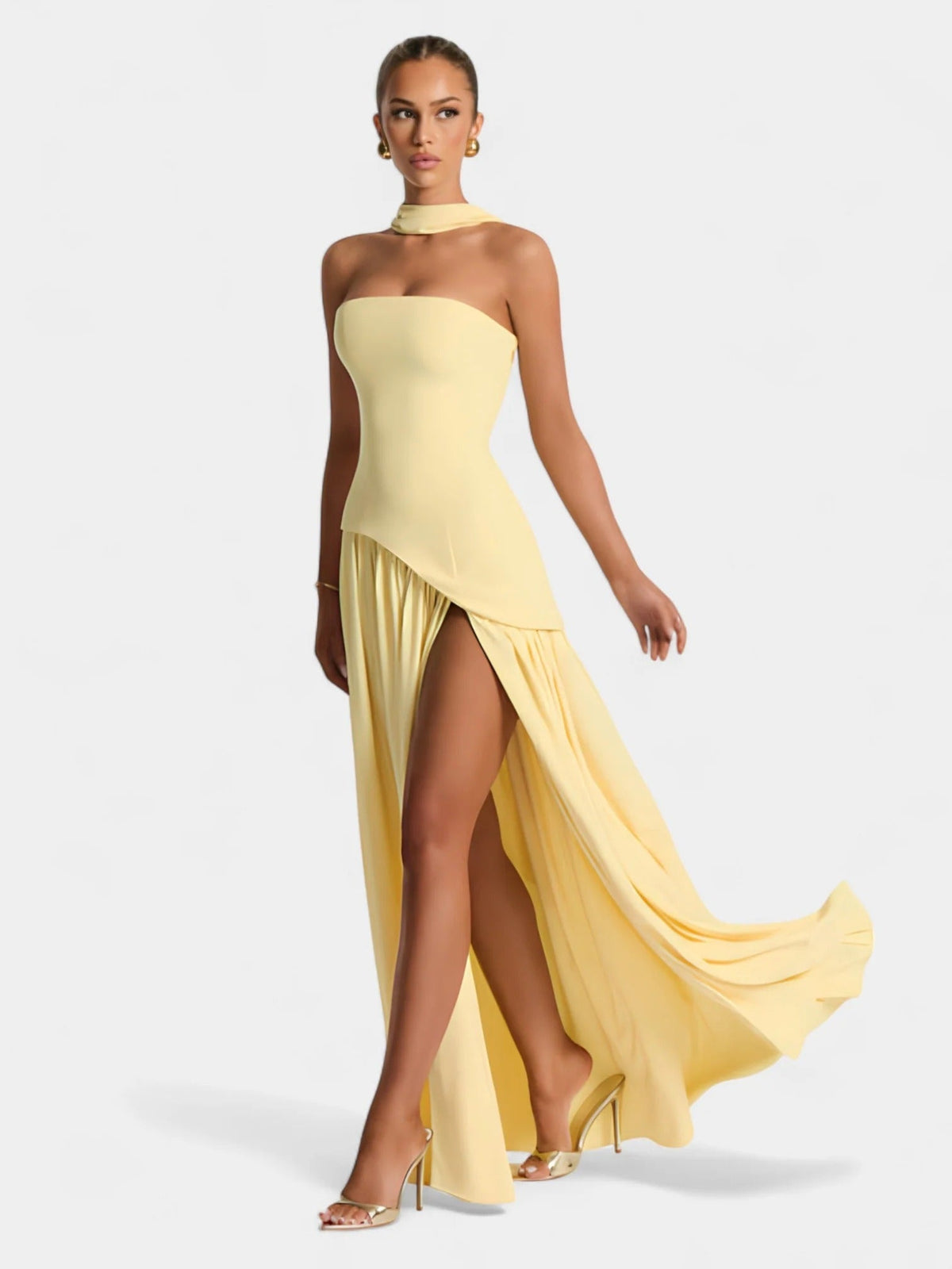 Strapless Scarf Neck Pleated Peplum Maxi Dress 2