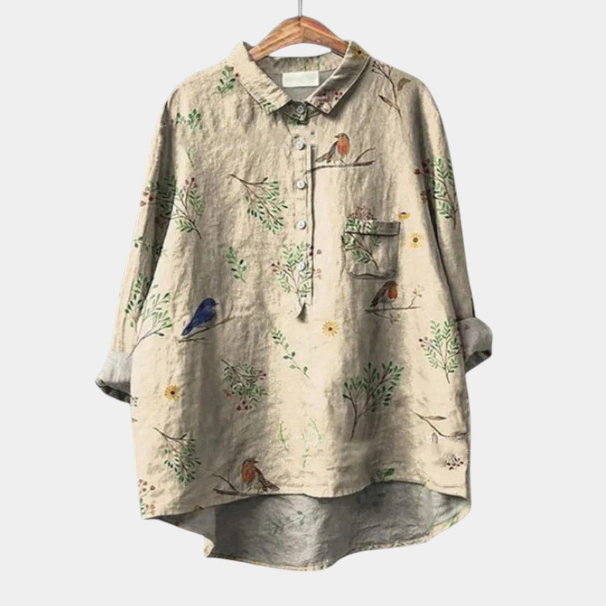 Bird Print Collared Long Sleeve Button Up Blouse