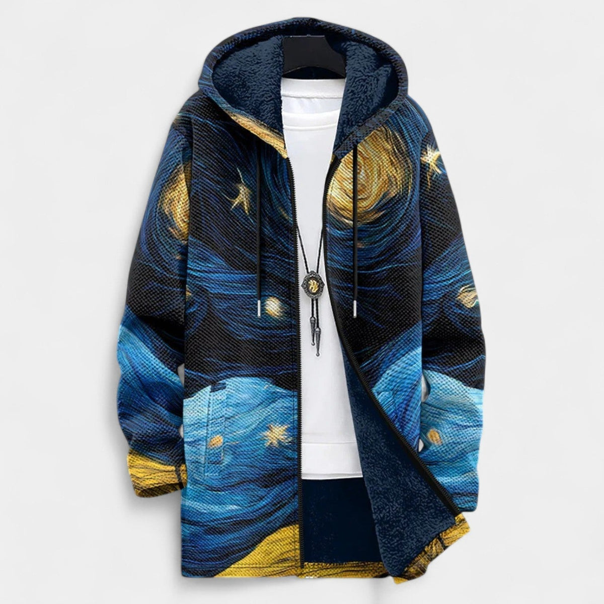 Starry Night Print Hooded Fleece Lined Zip Front Knit Cardigan Coat