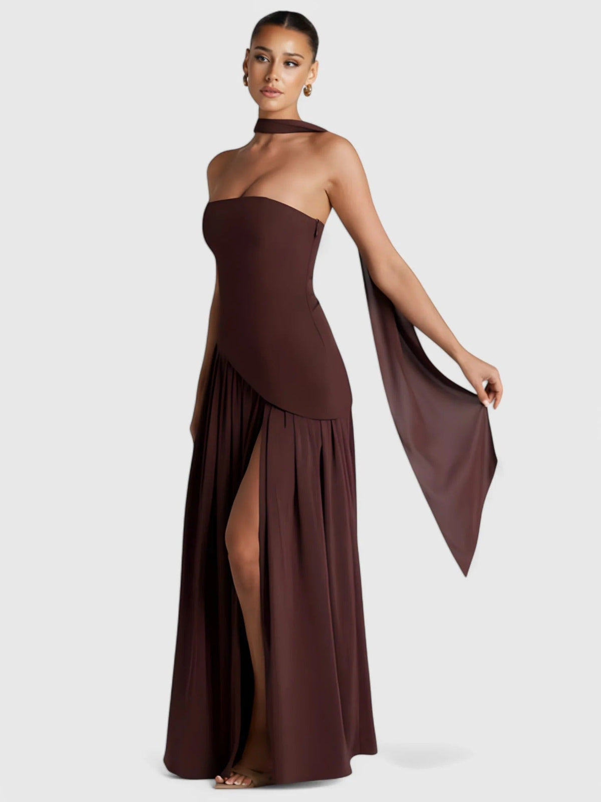 Strapless Scarf Neck Pleated Peplum Maxi Dress 3