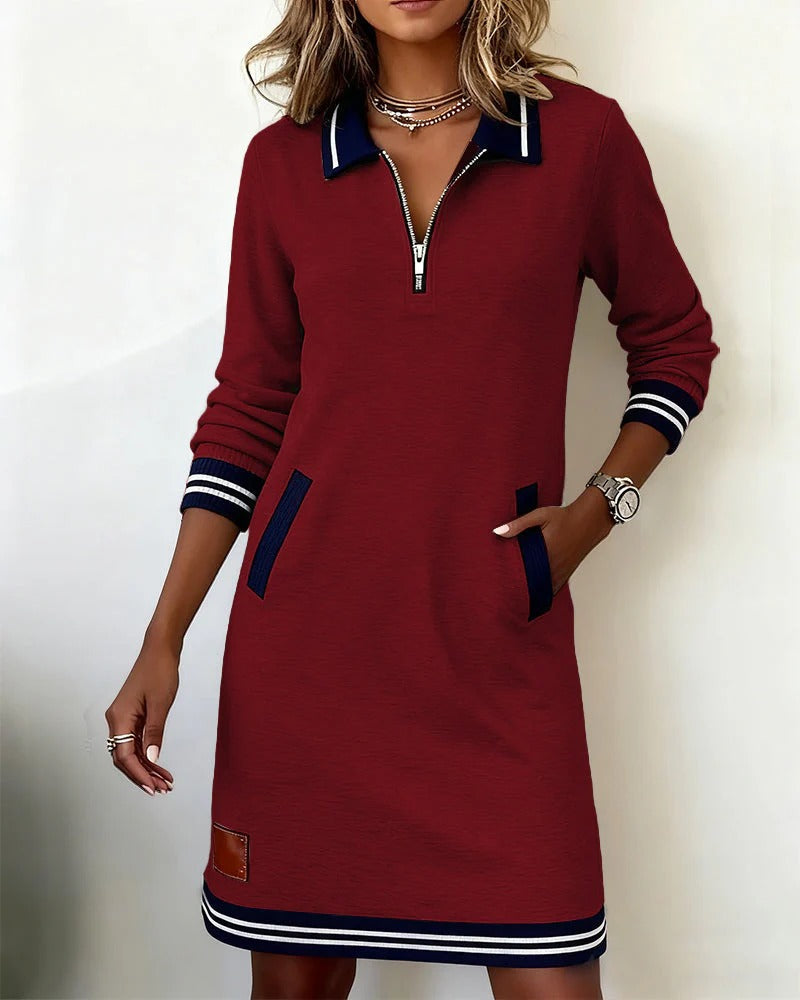 Quarter Zip Collar Long Sleeve Stripe Hem Sweatshirt Dress 3