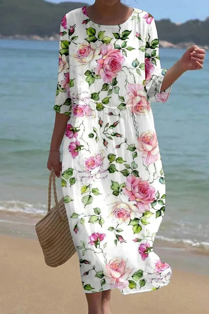 Round Neck Half Sleeve Rose Floral Midi Dress