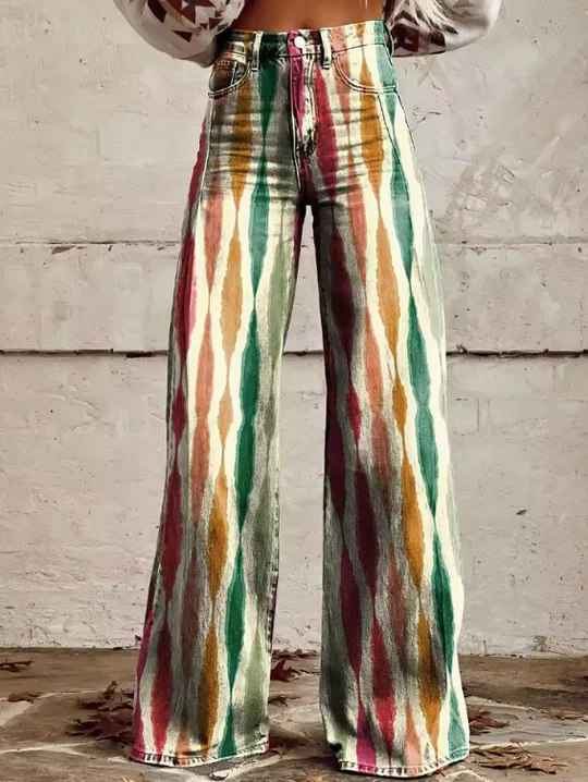 Ikat Stripe Print High Waist Wide Leg Pants