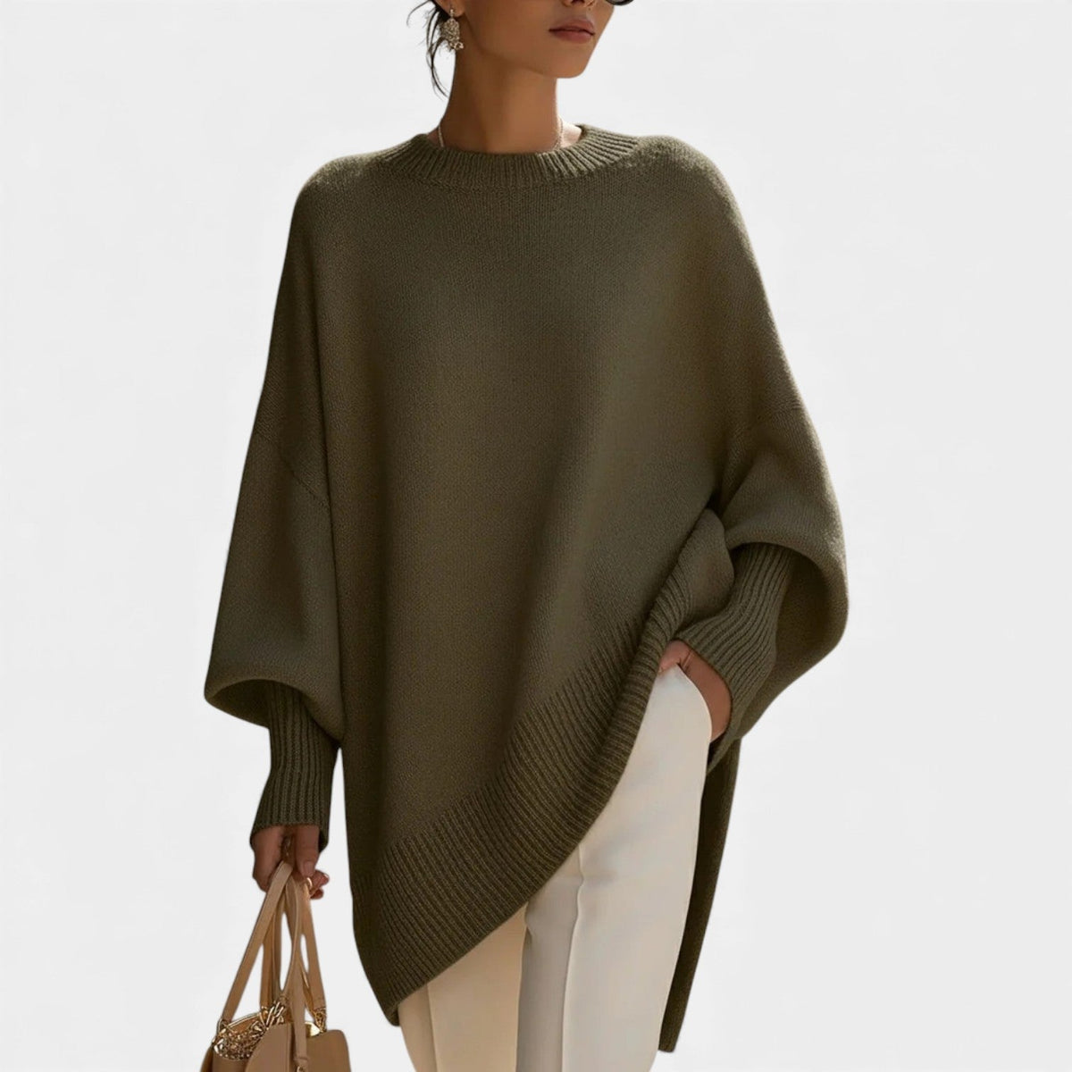 Mock Neck Batwing Sleeve Asymmetric Oversized Knit Sweater 6