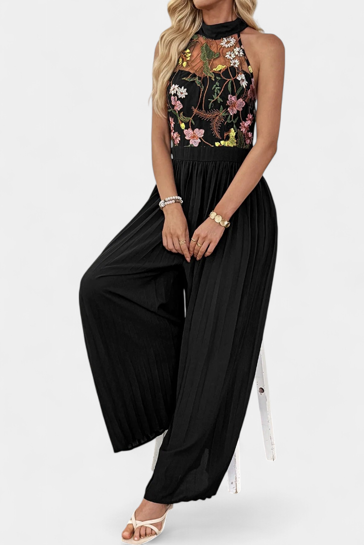 Floral Embroidered Halter Neck Pleated Wide Leg Jumpsuit 7