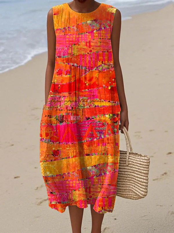 Round Neck Sleeveless Abstract Print Midi Dress