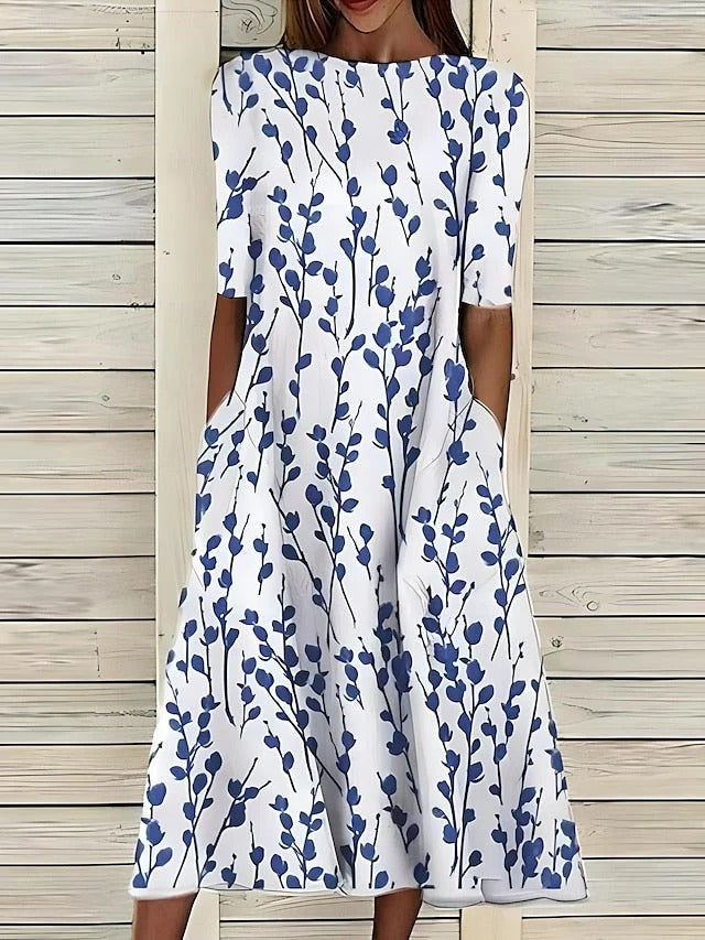 Boat Neck Short Sleeve Ditsy Floral Midi Dress 2
