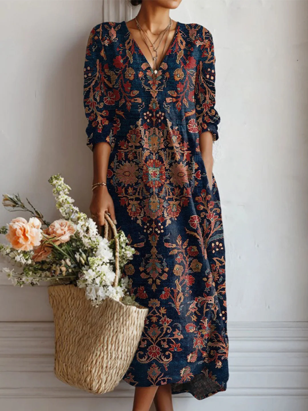 Ornate Floral V-Neck Long Sleeve Boho Midi Dress