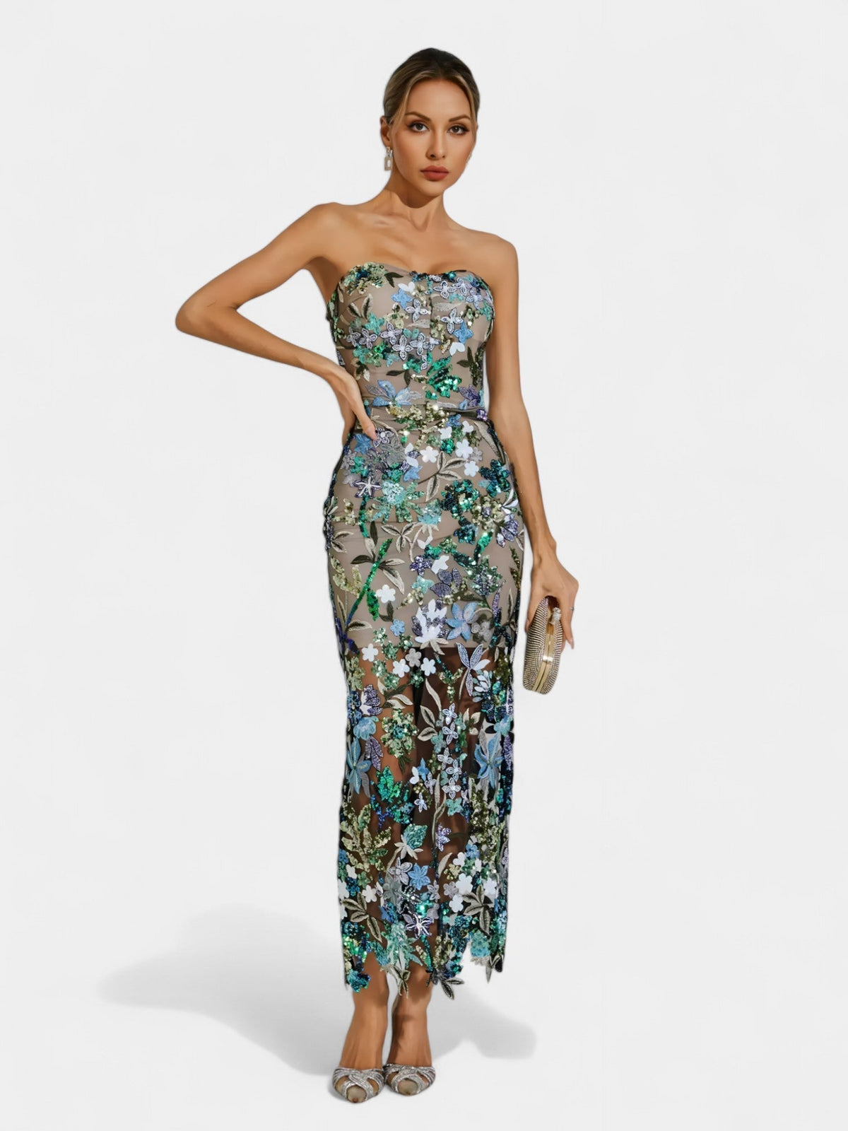 Strapless Floral Sequin Sheer Hem Maxi Dress 23