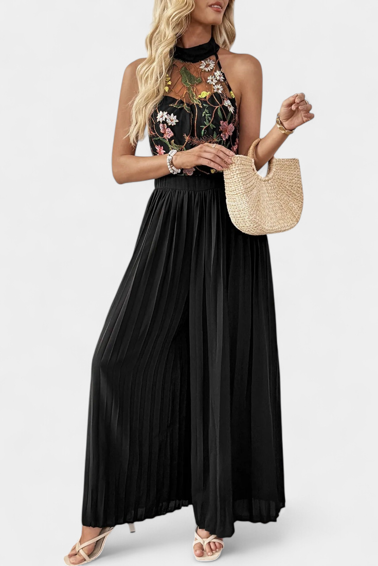 Floral Embroidered Halter Neck Pleated Wide Leg Jumpsuit 4