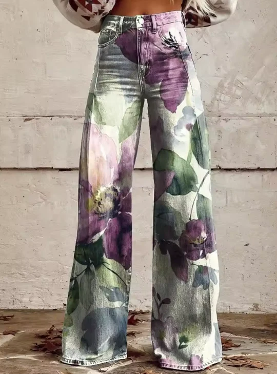 Watercolor Floral High Waist Wide Leg Denim Jeans